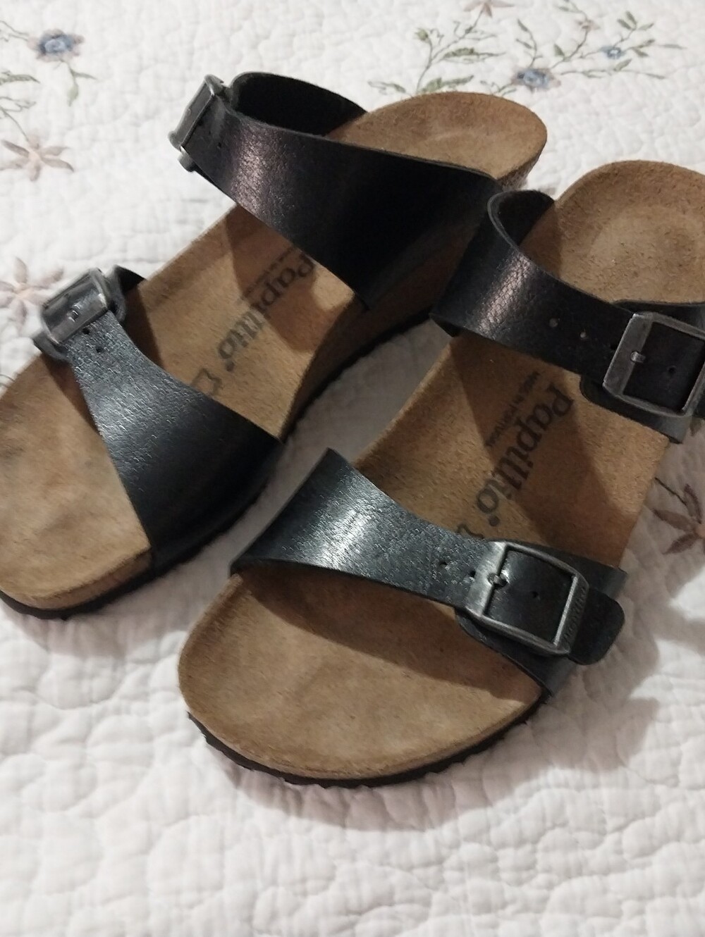 PAPILLO by BIRDKESTOCK Black Leather Cork Wedge Sandals Adjustable 7/7.5